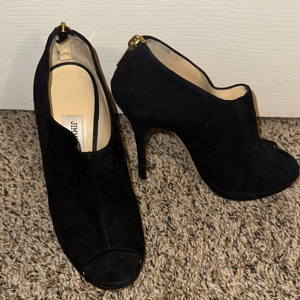 Jimmy Choo Black Suede Open-Toe Heels SZ 37.5